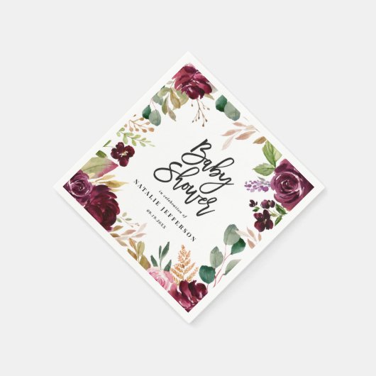 Roze, Bourgogne, + waterverf flora en script Servet (Hoek)