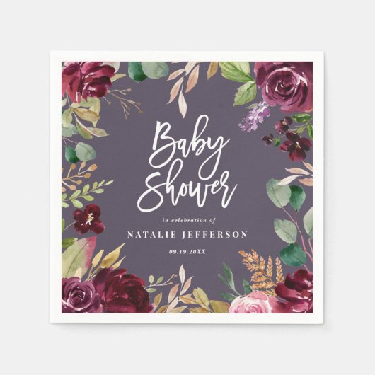 Roze, Bourgogne, + waterverf flora en script Servet (Voorkant)