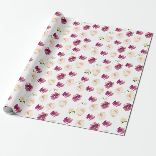 Roze Bourgogne Waterverf Floral Cadeaupapier (Uitgerold)
