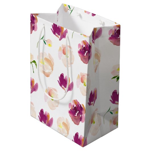 Roze Bourgogne Waterverf Floral Medium Cadeauzakje (Achterkant Gekanteld)