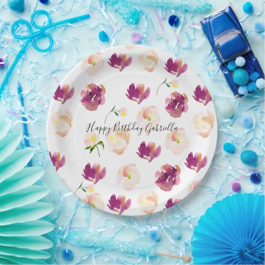 Roze Bourgogne Waterverf Floral Papieren Bordje (Feest)