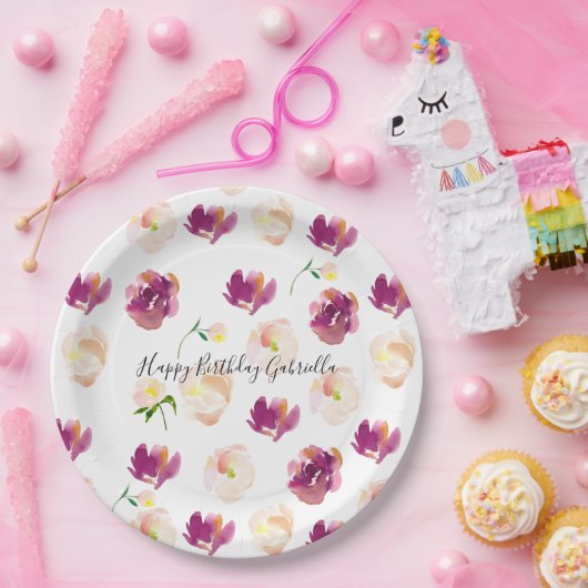 Roze Bourgogne Waterverf Floral Papieren Bordje (Feest)