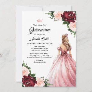 Roze Bourgondië Bloemige Quinceañera 15 Verjaardag Kaart