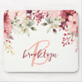 Roze Bourgondië Bloemrijke Script Monogram  Muismat (Voorkant)
