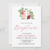 Roze Bourgondië Bloemstuk Meisje Doop Uitnodiging (Voorkant)