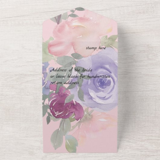 Roze Bourgondië en Blauwe Bloemenschildering in Wa All In One Uitnodiging (Buitenkant)