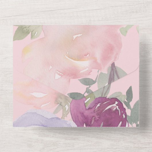 Roze Bourgondië en Blauwe Bloemenschildering in Wa All In One Uitnodiging (Achterkant)