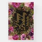 Roze Bourgondië Glitter Zwart Gelukkige Verjaardag Spandoek (Verticaal)