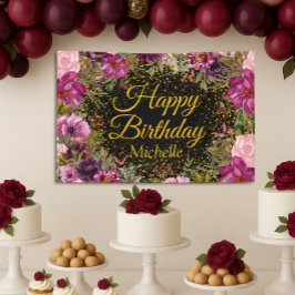 Roze Bourgondië Glitter Zwart Gelukkige Verjaardag Spandoek