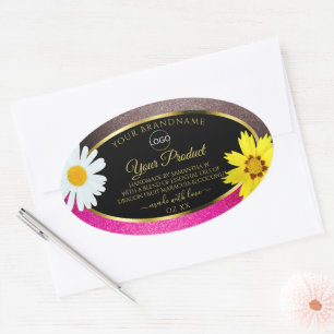 Roze Bourgondië Glitter Zwarte Productlabels Logo Ovale Sticker