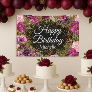 Roze Bourgondië Goud Glitter Zwart Gefeliciteerd Spandoek
