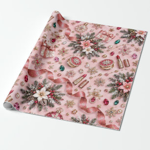 Roze Bourgondië Kerst Lint met Juwelen Cadeaupapier