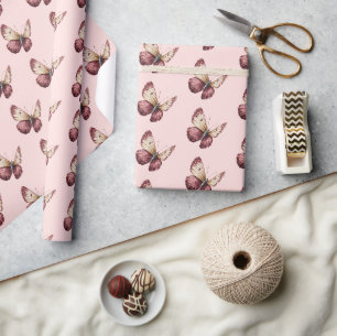 Roze Bourgondië Rode Crème Vlinder Verjaardag Cadeaupapier