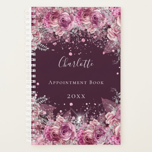 Roze Bourgondische bloemen glitter naam 2026 Planner (Voorkant)