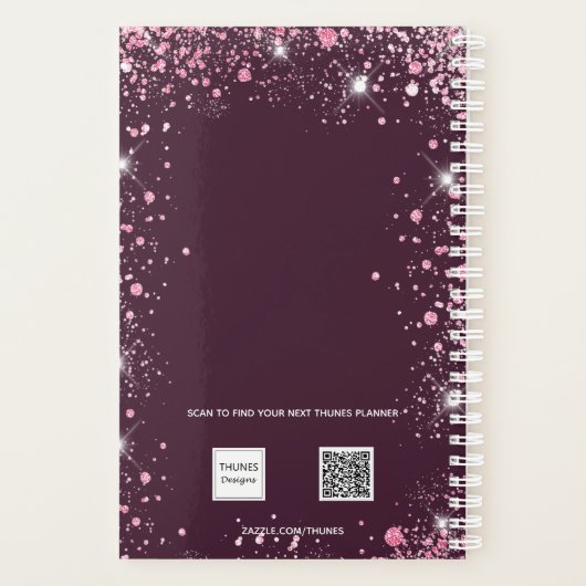 Roze Bourgondische bloemen glitter naam 2026 Planner (Achterkant)