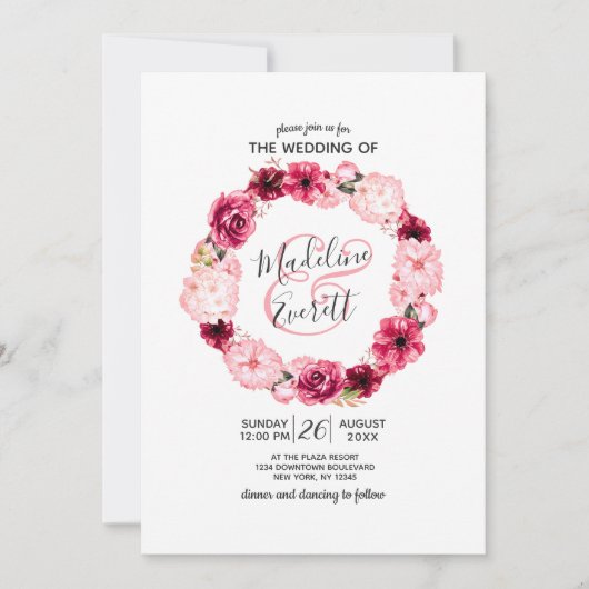 Roze & Bourgondische bloemenkrans bruiloft uitnodi Kaart (Voorkant)