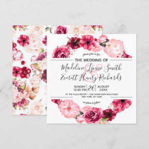 Roze & Bourgondische bloemenkrans bruiloft uitnodi Kaart