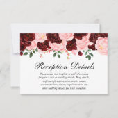 Roze Bourgondische bloemige bruiloftsreceptie deta Kaart (Voorkant)