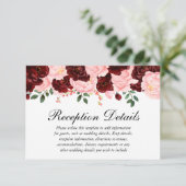 Roze Bourgondische bloemige bruiloftsreceptie deta Kaart (Staand voorkant)