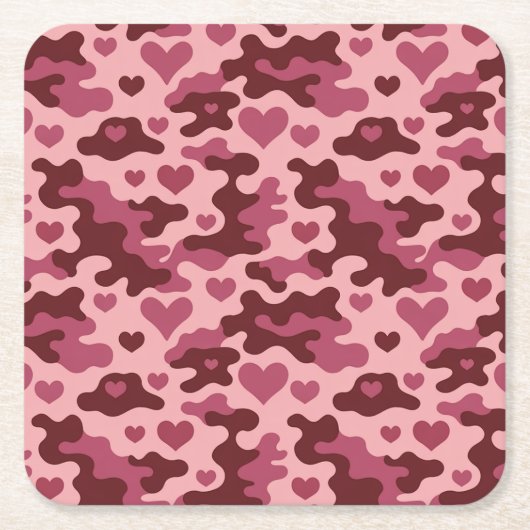 Roze Bourgondische Camo Hearts Onderzetter Set (Voorkant)