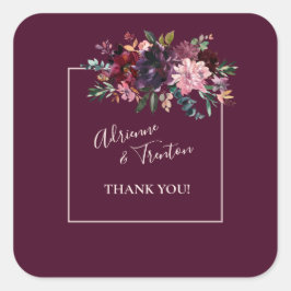 Roze & Bourgondische Floral Wedding Dank u Vierkante Sticker
