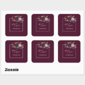 Roze & Bourgondische Floral Wedding Dank u Vierkante Sticker (Vel)