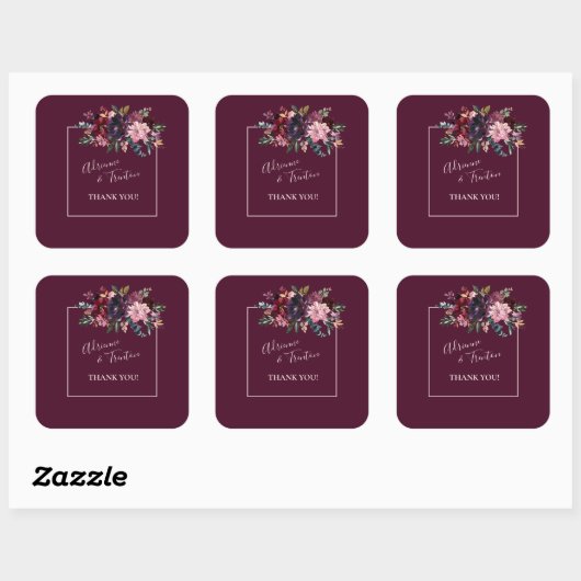 Roze & Bourgondische Floral Wedding Dank u Vierkante Sticker (Vel)