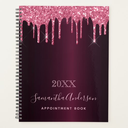 Roze Bourgondische glitter druppelt goud monogram  Planner (Voorkant)