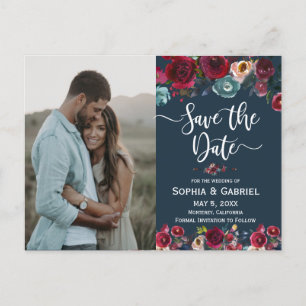 Roze Bourgondische Navy Floral Save the Date Foto Aankondigingskaart