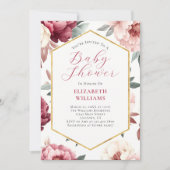 Roze Bourgondische pioenrozen Baby shower uitnodig Kaart (Voorkant)