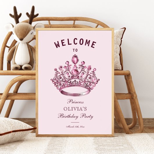 Roze Bourgondische prinses Kroon Welkom Verjaardag Poster