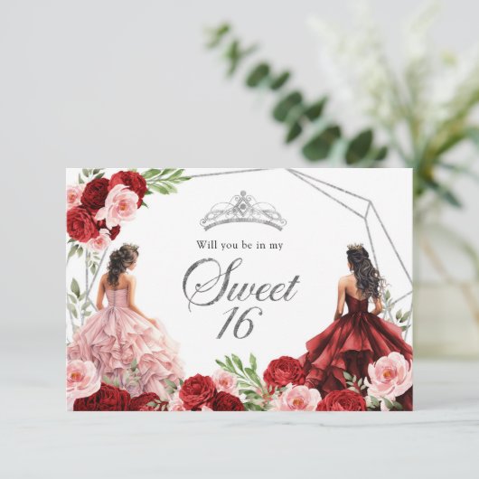 Roze Bourgondische rode tweeling lief 16 uitnodigi Bedankkaart (Staand voorkant)