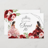 Roze Bourgondische rode tweeling lief 16 uitnodigi Bedankkaart (Voorkant / Achterkant)