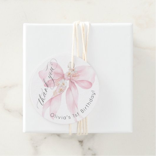 Roze Bow 1e meisje Verjaardag Onderful Dank u Bedankjes Labels (In situ)