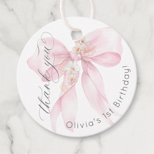 Roze Bow 1e meisje Verjaardag Onderful Dank u Bedankjes Labels (Voorkant)