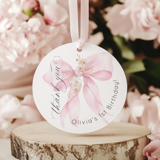 Roze Bow 1e meisje Verjaardag Onderful Dank u Bedankjes Labels