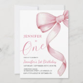 Roze Bow 1e Verjaardag Meisje Party Uitnodiging (Voorkant)