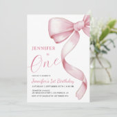Roze Bow 1e Verjaardag Meisje Party Uitnodiging (Staand voorkant)