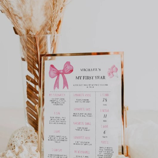 Roze Bow 1e verjaardag Milestone Board Poster