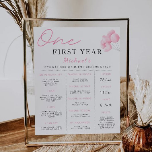 Roze Bow 1e verjaardag Milestone Board Poster