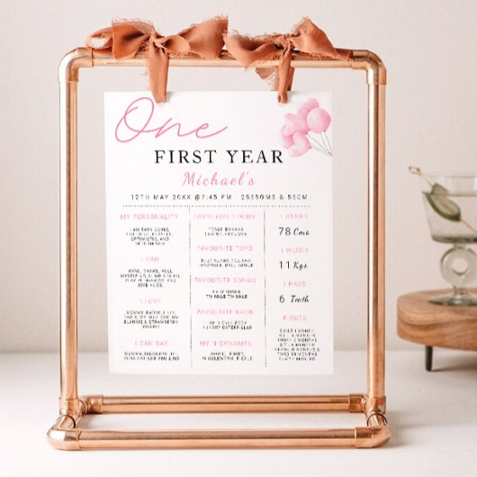 Roze Bow 1e verjaardag Milestone Board Poster