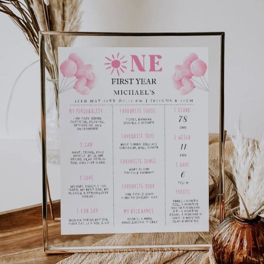 Roze Bow 1e verjaardag Milestone Board Poster