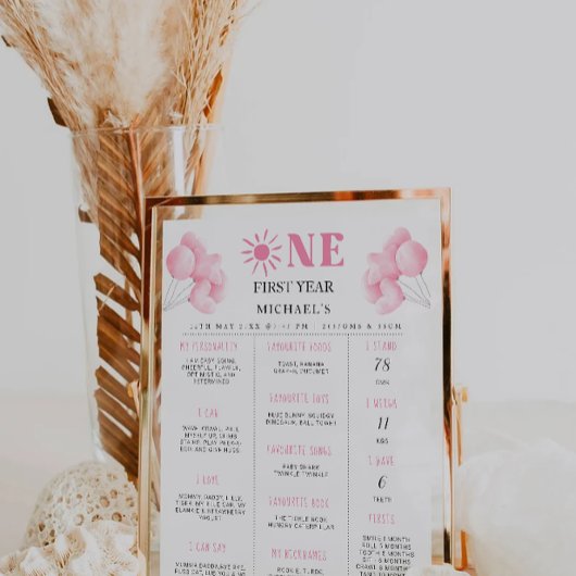 Roze Bow 1e verjaardag Milestone Board Poster