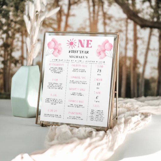 Roze Bow 1e verjaardag Milestone Board Poster