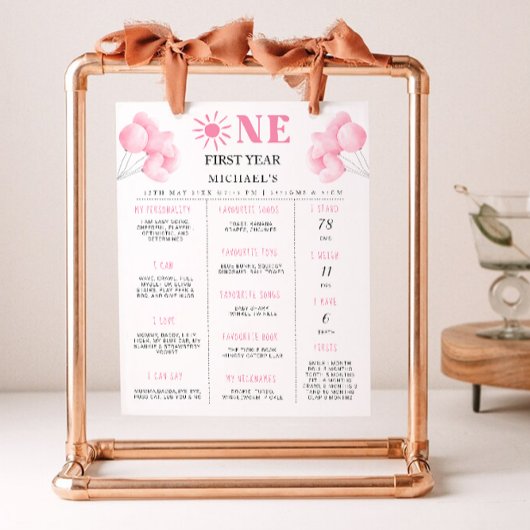 Roze Bow 1e verjaardag Milestone Board Poster