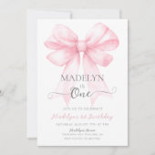 Roze Bow 1e verjaardag Uitnodiging, Eenvoudig meis Kaart (Voorkant)