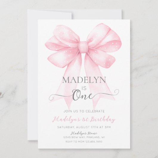 Roze Bow 1e verjaardag Uitnodiging, Eenvoudig meis Kaart (Voorkant)