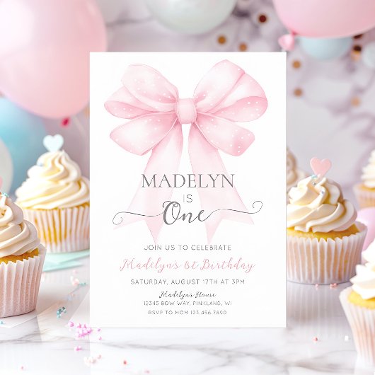 Roze Bow 1e verjaardag Uitnodiging, Eenvoudig meis Kaart