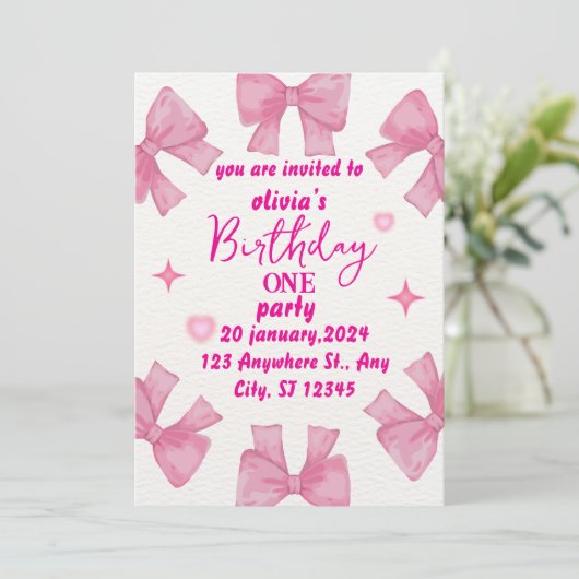 Roze Bow 1e verjaardag uitnodiging meisje (Staand voorkant)
