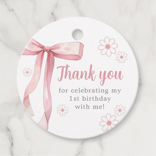 Roze Bow 1e Verjaardagsmeisje Bedankjes Labels (Voorkant)